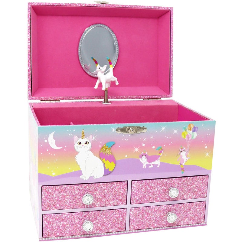 Pink Poppy Musical Jewellery Box Cat Medium in White